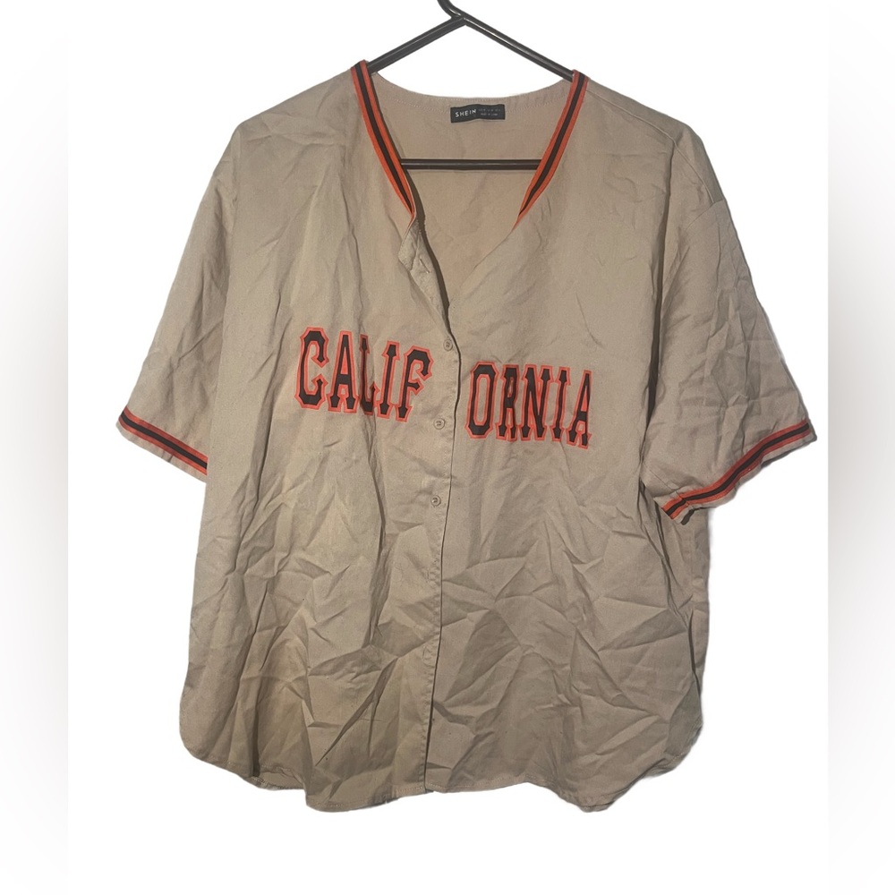 SHEIN Beige California Jersey Top with Orange Accents